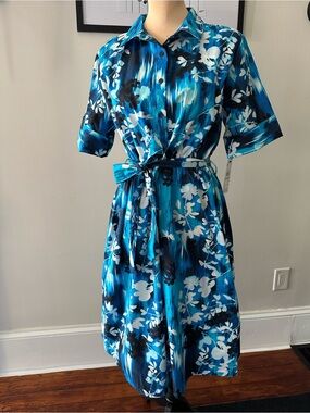 NWT DKNY Blue Floral Cotton Poplin Shirt Dress Belted Size 8